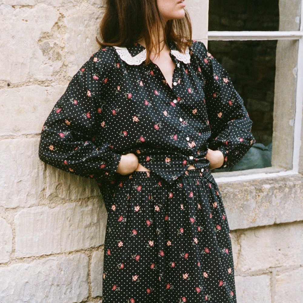 Christy Dawn Black Floral Polka Dot Blouse with Lace Collar